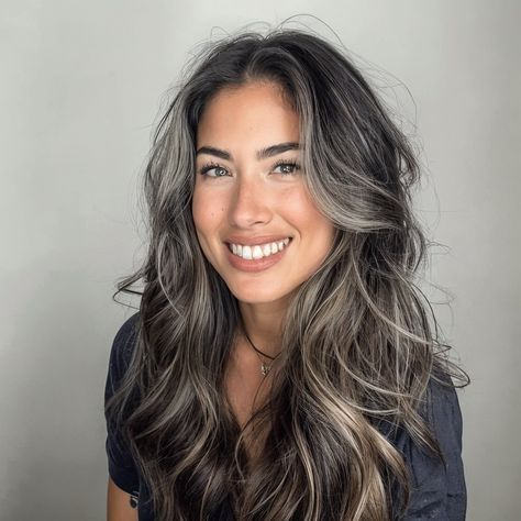 Grey Hair Grow Out Transition, Partial Highlights Grey Blending, Dark Brown Gray Blending, Greying Brunette Hair, Transition To Gray Hair From Brown, Balayage Grey Blending, Blending In Greys In Brown Hair, Brunette Covering Grey Hair, Grey Babylights On Dark Hair