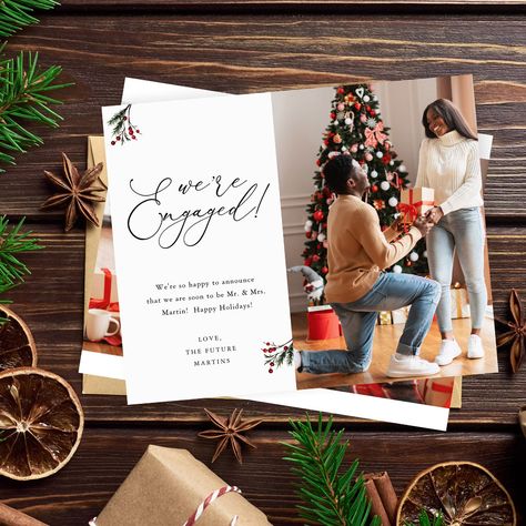 Engaged Christmas Card, Holiday Engagement, We're Engaged, Card Engagement, Holiday Dinner Party, Custom Christmas Cards, Engagement Announcement, Holly Berry, Dream Engagement