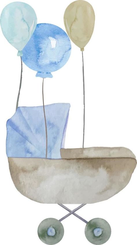 Watercolor baby boy blue stroller with balloons illustration. Its a boy set New Baby Illustration, Baby Watercolor Painting, Baby Boy Illustration, Blue Stroller, Baby Boy Watercolor, Balloons Illustration, Painting Basics, Shower Art, Balloon Illustration