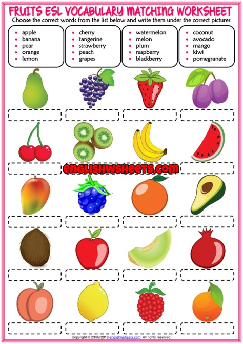 Fruits ESL Vocabulary Matching Exercise Worksheet For Kids Fruit Vocabulary English, Fruits Worksheets For Kids, Fruit Worksheet, Teach English To Kids, English Grammar For Kids, Grammar For Kids, Esl Vocabulary, English Exercises, Worksheet For Kids