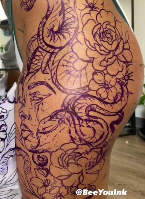 Pin by BLUEROSES🦋 on iNK [Video] | Tattooing inks, Tattoos, Leg tattoos women Tattoo Ideas Hip Thigh Piece, Thigh Tats For Women Unique, Girl Thigh Tattoos Unique, Glute Tattoos For Women, Thigh Hip Tattoo Women Unique, Leg Piece Tattoo Women, Hip Thigh Tattoos Unique, Hip Thigh Tattoos Women, Hip And Thigh Tattoos Women