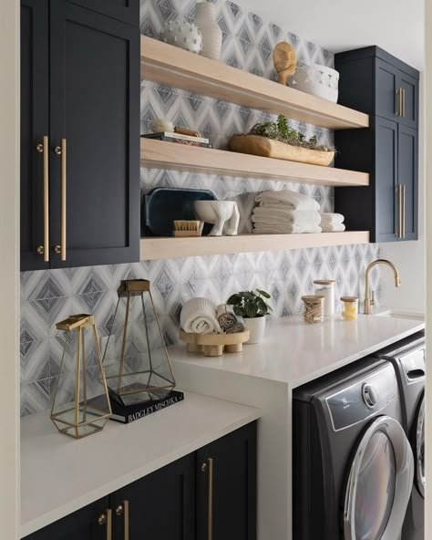 laundry room • Instagram Laundry Room Tile, Laundy Room, Laundry Room Update, Blue Laundry Rooms, Small Laundry Room Makeover, Laundry Room Wallpaper, Basement Laundry Room, Dream Laundry Room, Basement Laundry