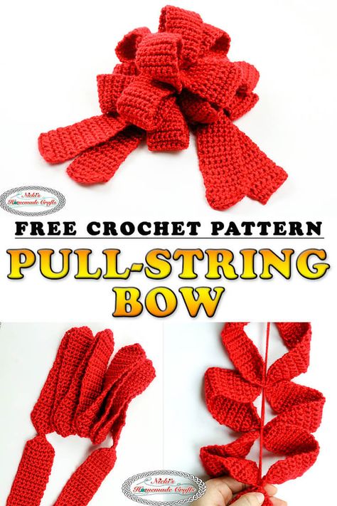 Learn how to Crochet a Pull-String Bow easily and fast. This free crochet pattern makes the bow also reusable for gifts and presents for Christmas and Birthdays. Video Tutorial is included. #free #pattern #crochet #crochetpatterns #freecrochetpatterns #bow #ribbon #ribbonbow #prettybow #giftbow #gift #present #Christmas #bowideas #diyideas Crochet Bow Pattern, Presents For Christmas, Free Pattern Crochet, Crochet Xmas, Crochet Bows, Learn How To Crochet, Holiday Crochet, Bow Pattern, Bow Ribbon