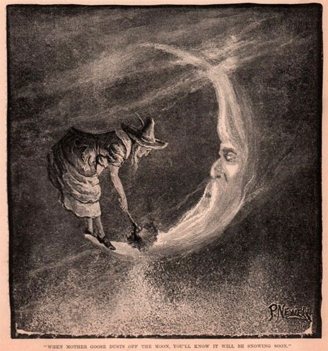 "When Mother Goose dusts off the moon, You know it will be snowing soon.", Peter Newell, cover for Harper's Young People, An Illustrated Weekly, Vol VL., No. 279,3, March 1885. Baba Jaga, Vintage Moon, Vintage Witch, Season Of The Witch, Halloween Images, Witch Art, Beautiful Moon, Moon Art, Halloween Art