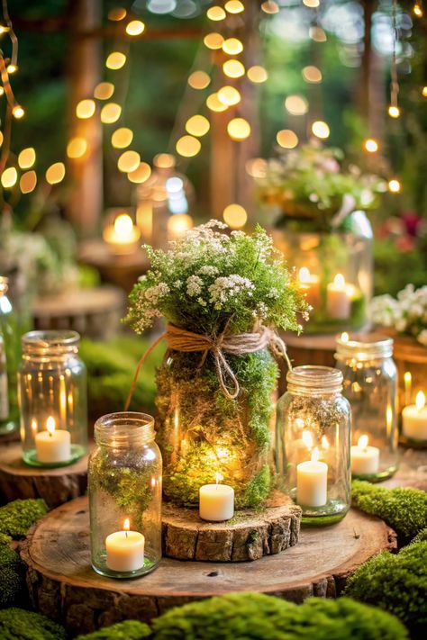 Fairy lights and candles in a woodland setting. Transform your special day into a spellbinding woodland wonderland with enchanting fairy wedding ideas that sprinkle a touch of whimsical magic into your celebration! Beautiful Forest Wedding, Diy Fairy Wedding, Fairy Garden Wedding Ideas, Forest Theme Birthday Party, Fairy Wedding Ideas, Small Forest Wedding, Enchanted Forest Centerpieces, Forest Wedding Aesthetic, Fire And Ice Theme