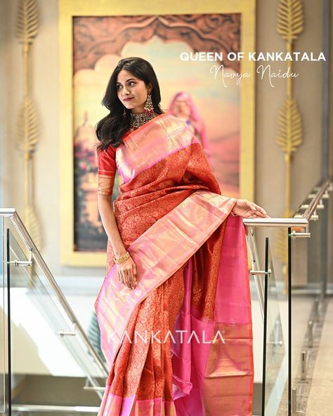 Navya Naidu dazzles in this Pastel Pink Kanchipuram Silk Marvel adorned with brocade all over the body, that lends a metallic hue to the saree. She carries with her the tales of peacock motifs, yelis with kaddi zari that accentuates the intricate and unique weave of the pastel contrast korvai border. #metallicsarees #indianmetallicsbykankatala #indianmetallics #kanchipuramsaree #handmadewithlove #tissuesaree Silk Marvel, Peacock Motifs, Kanjivaram Sarees Silk, Tissue Saree, Kanjivaram Sarees, Kanchipuram Saree, Pure Silk Sarees, Pure Silk, Pastel Pink