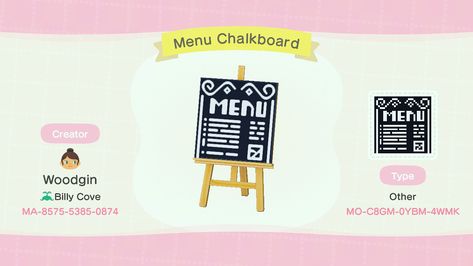 Custom design code for cafe/stall chalkboard menu Acnh Stall Custom Design Cafe, Animal Crossing Menu Code, Acnh Menu Code, Acnh Menu Design, Acnh Menu Design Code, Chalkboard Menu Design, Cafe Stall, Acnh Christmas Code, Acnh Christmas