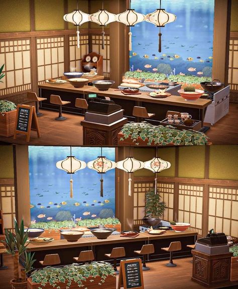 Animal Crossing Designs on Instagram: “Kiki’s sushi bar by @hellovanellope — I love when designers put tables together to make bars! Are y’all sushi fans? What are your go to…” Restaurant Acnh Ideas, Acnh Island Inspirations Japanese, Acnh Kiki House Design, Japan Themed Animal Crossing Island, Animal Crossing Island Japanese, Anch Restaurant Ideas, Acnh Japanese Ideas House, Acnh Japanese Village, Animal Crossing Sushi Restaurant