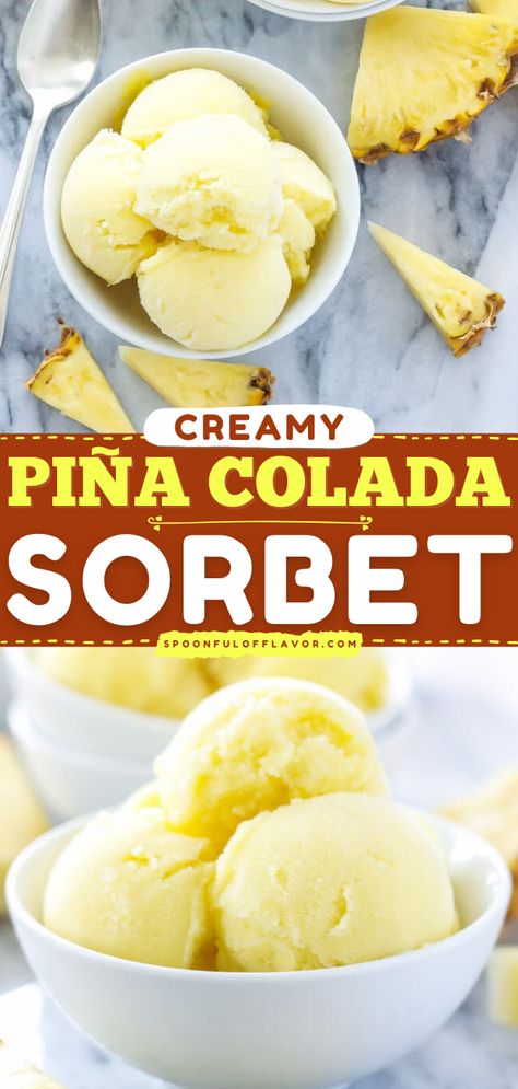 Piña Colada Sorbet Alcoholic Sorbet Recipes, Fresh Fruit Sorbet Recipes, Island Way Sorbet Recipe, Frozen Sorbet Recipes, Frozen Fruit Sorbet Recipes, Ninja Sorbet Recipes, Fresh Coconut Recipes, Ninja Creami Recipes Smoothie Bowl, Recipes With Fresh Pineapple