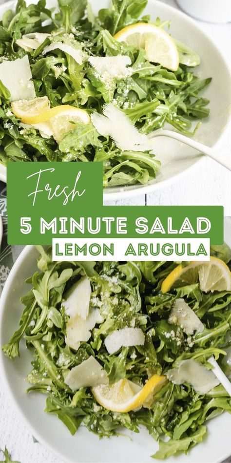 The easiest salad recipe you’ll ever make. Loaded with flavor from just three ingredients, Italian Arugula Salad is quick side dish for pasta, pizza, chicken, fish and more. Make it in under 5 minutes - you'll serve it with everything! Italian Lemon Salad, Salads That Go With Italian Food, Light Italian Salad, Italian Chicken Sides, Salad To Serve With Pizza, Salad For Pizza, Chicken Arugula Salad, Arugula Pasta Salad, Pizza Sides