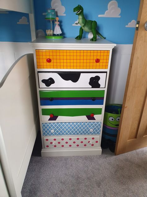 Diy Toy Story Bedroom, Toy Story Theme Bedroom, Toy Story Dresser Diy, Toddler Toy Story Room, Inside Out Nursery, Pixar Themed Room, Gender Neutral Toy Story Nursery, Boys Disney Bedroom, Disney Dresser Diy