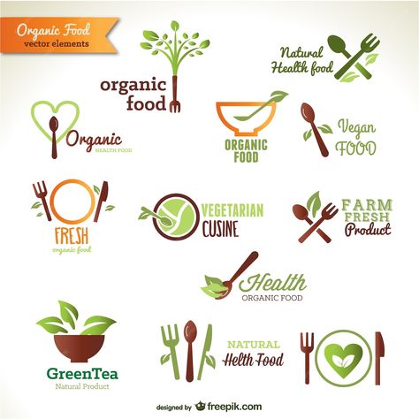 Premium Vector | Organic food logos Healthy Food Logo Design, Organic Food Logo, Healthy Food Logo, Food Lettering, Food Typography, Fast Food Logos, Creative Breakfast, Food Map, Vegetable Shop