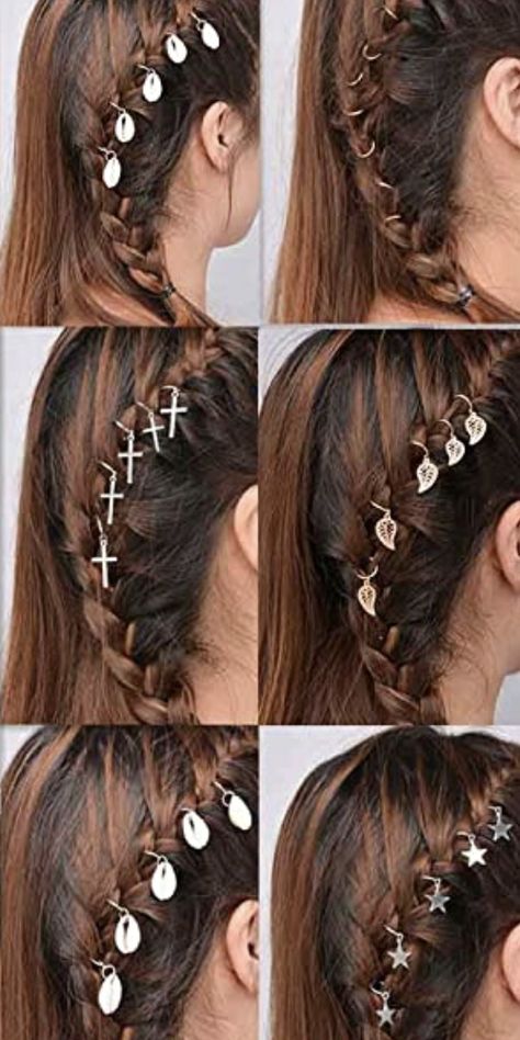 hair accessoriesringsshellsstars for braidsboho hair styles Braid Rings Hair Hairstyles, Braids With Jewellery, Hair Charms For Braids, Braids With Shells, Braid Decorations, Boho Hair Styles, Diy Hair Rings, Braids Decoration, Braids Accessories