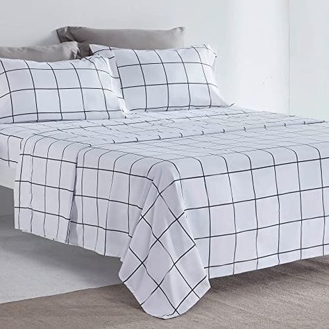 Grey Bed Sheets, Twin Bed Sheets, Full Size Sheets, Queen Size Sheets, White Sheet, King Size Sheets, Bedding Sheets, Grid Print, High Quality Bedding