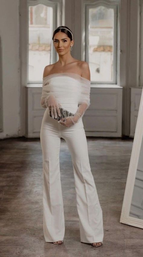 Bridal Outfits Receptions, Rehearsal Dinner Dress Not White, Rehersal Dinner Pantsuit, Brides Outfit For Reception, White Reception Outfit, Wedding Reception Pantsuit, Rehearsal Dinner Pantsuit, Reception Pantsuit For Bride, Rehearsal Dinner Pants Outfit