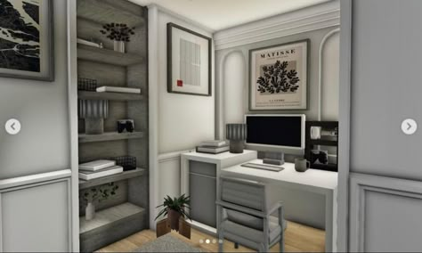 2x3 Office Bloxburg, Bloxburg Ideas Office, Bloxburg House Interior Kitchen, Bloxburg Realistic Decor, Small Office Bloxburg, Bloxburg Linen House, Extra Space Ideas Bloxburg, Bloxburg Modern Farmhouse Bedroom, Entryway Decor Bloxburg