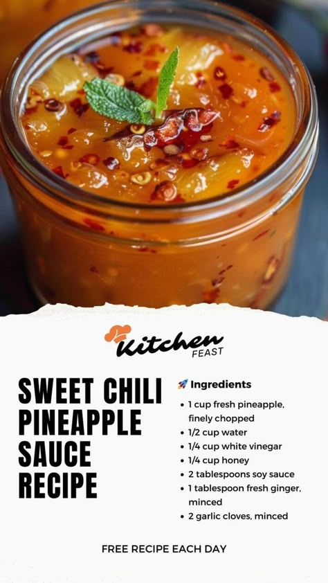 Discover how to make your own Sweet Chili Pineapple Sauce with this simple recipe! Ideal for dipping, drizzling, or marinating, this sauce adds a tropical twist to any dish. Perfect for foodies looking to spice up their culinary creations! #SweetChiliSauce #PineappleSauce #HomemadeCondiments #EasyRecipes Healthy Sweet Chili Sauce, Sweet Chilli Pineapple Sauce, Sweet And Tangy Sauce, How To Make Sweet Chili Sauce, Pineapple Sauce Recipes, Sweet Chili Pineapple Sauce, Dip Sauce Recipes, Sweet And Spicy Sauce Recipe, Sweet Chili Dressing