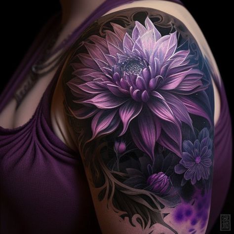 Purple Flower Shoulder Tattoo, Dark Colour Tattoo, Purple And Teal Tattoo, Best Flowers To Tattoo, Lilac Shoulder Tattoo, Purple Dahlia Tattoo, Coverup Forearm Tattoo Women, Big Cover Up Tattoos For Women Arm, Cover Up Ideas Tattoo For Women