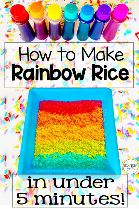 5 minute rainbow rice recipe for sensory bins! Super quick and easy and only requires 3 ingredients! Alphabet sensory bin ideas for preschool, pre-k, and kindergarten Dye Rice, Sensory Rice, Behavior Tips, Toddler Party Games, Baby Crafts Diy, Sensory Games, Rainbow Rice, Transitional Kindergarten, Toddler Sensory