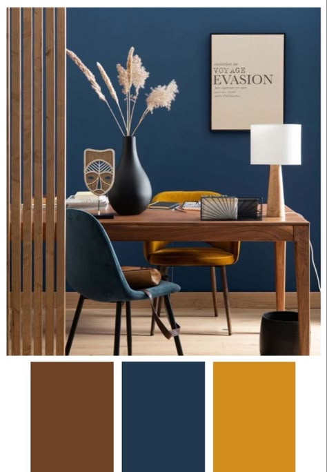 Navy Blue Yellow Brown Living Room, Navy Blue Mustard And Brown Living Room, Navy Blue Gray And Brown Living Room, Living Room Blue Palette, Brown Blue Yellow Living Room, Blue And Brown Office Decor, Blue Brown Gold Living Room Decor, Brown Blue Interior Design, Navy Cognac Living Room