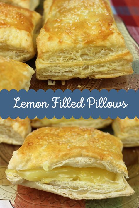 Pillows of puff pastry with lemon pie filling in the center. Puff Pastry Pie Filling, Puff Pastry And Lemon Pie Filling, What To Make With Lemon Pie Filling, Lemon Puff Pastry Recipes, Puff Pastry Lemon Dessert, Lemon Filling Desserts, Recipes Using Lemon Pie Filling, Lemon Puff Pastry Desserts, Lemon Pie Filling Desserts