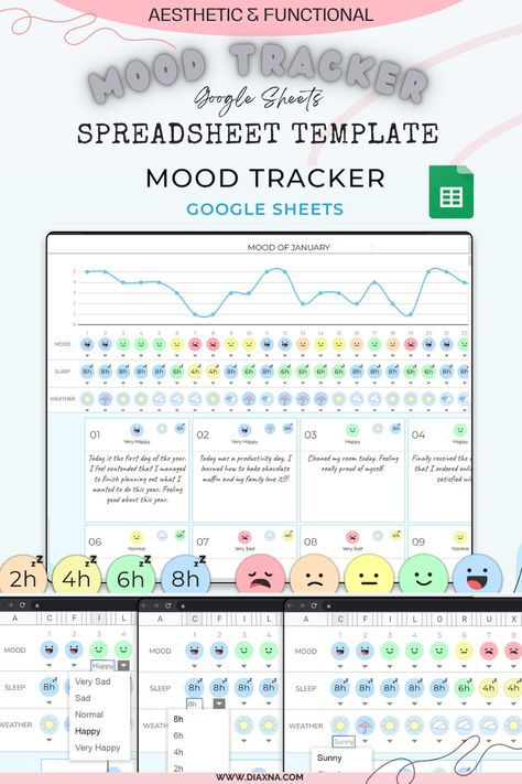 Digital Mood Tracker, Life Tracker, Mood Journal, Spreadsheet Design, Excel Budget Spreadsheet, Digital Clutter, Budget Template Free, Monthly Budget Spreadsheet, School Template