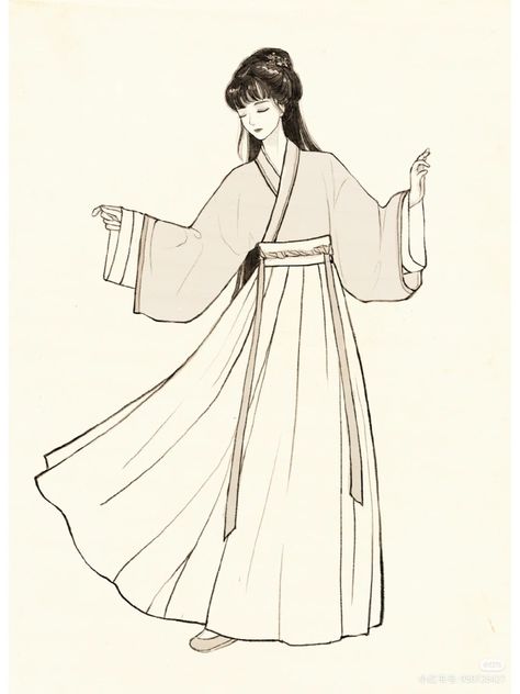 Chinese Hanfu Dress For Women, Chinese Traditional Dress Hanfu Drawing, Kimono Fashion Illustration, Chinese Hanfu Drawing, Kimono Drawing Design, Chinese Clothing Drawing, Chinese Traditional Clothing Drawing, Chinese Dress Drawing, Hanfu Poses