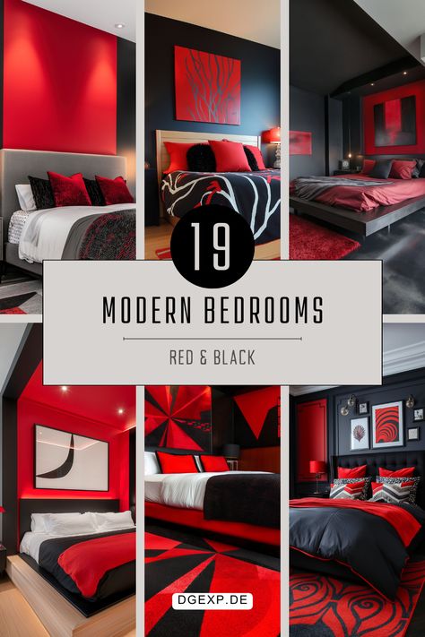 Explore a stunning collection of red and black modern bedroom ideas featuring bold patterns, sleek furniture, ambient LED lighting, and striking decor elements. Perfect for those seeking inspiration for contemporary bedroom designs, modern bedroom decor, stylish interior design, and unique bedroom aesthetics. Discover chic red and black bedroom ideas to transform your space into a stylish and trendy retreat. Ideal for modern bedroom furniture, decor, and lighting enthusiasts. Black Red Gray Bedroom Room Ideas, Red And Black Bedroom Ideas For Women, Boys Red Bedroom Ideas, Black And Red Boys Bedroom, Red Accent Wall Bedroom Boys, Red Comforter Bedroom Ideas, Red Bedroom Ideas For Boys, Boys Red Bedroom, Black And Red Bedroom Aesthetic