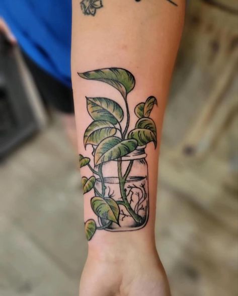 Plant Butterfly Tattoo, Botanical Tattoo Traditional, Arm Plant Tattoos For Women, House Plant Tatoos, Traditional Style Plant Tattoo, Plant Theme Tattoo, Plant Themed Tattoos, Plant Mom Tattoo, Indoor Plant Tattoo