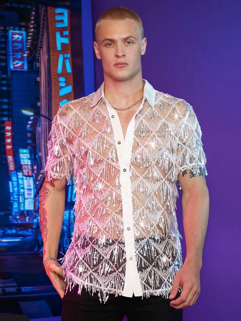 White Party Collar Short Sleeve Sequins Plain Shirt Embellished Non-Stretch  Men Clothing Shakira Concert, Fringe Clothing, Mardi Gras Outfits, Denim And Diamonds, Gold Shirt, Sequin Decor, Man Party, Plain Shirt, Disco Balls