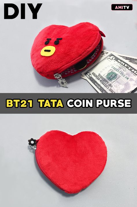 Amitv DIY BT21 Tata Coin Purse | Sewing Gift Ideas | Heart Purse Bag Pattern & tutorial | Kawaii Cute Kpop Character  #BTS #BT21 #DIYBT21 #DIYcoinpurse #DIYpurse #sewing #sewingtutorial #sewingpattern #pursepattern Diy Coin Purse Pattern, Kpop Character, Coin Purse Sewing, Sewing Machine Pattern, Sewing Gift Ideas, Diy Coin Purse, Bt21 Tata, Coin Purse Pattern, Purse Sewing