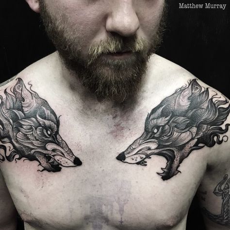 1,261 tykkäystä, 34 kommenttia - Ryan & Matthew Murray (@blackveiltattoo) Instagramissa: ”a painted wind has sprung clean of the rotten dark, lancing the glutted wolves of rain.” Dark Nature Tattoo, Tattoo Wolves, Chest Tattoo Wolf, Placement Tattoo, Tattoo Angel, Hunting Tattoos, Paris Tattoo, Inca Tattoo, Snake Tattoos