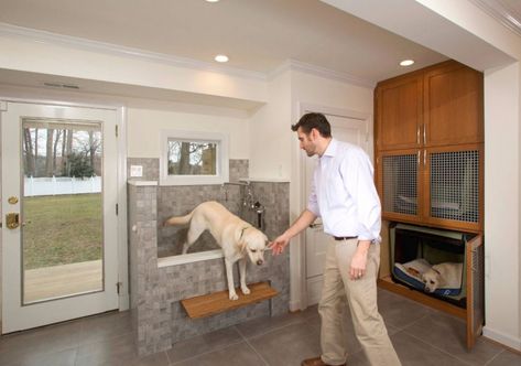 29 Sweet Dog Shower Ideas & Pet Washing Stations | Home Remodeling Contractors | Sebring Design Build Room With Bunk Beds, Pet Washing Station, Muddy Dog, Dog Washing Station, Dog Spaces, Dog Wash, Dog Rooms, Dog Shower, Dog Bath