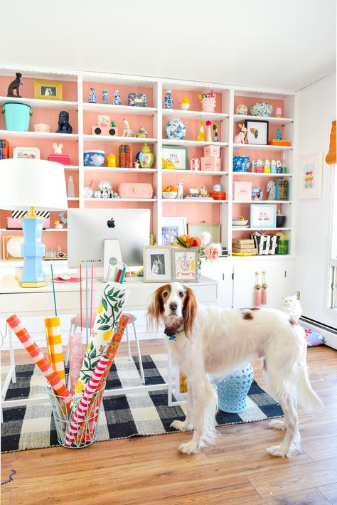 We painted our wood panelling in a bright white and Noble Blush (pink) from BEHR paint, to create a feminine and colourful home office space. Colourful Home Office, Pink Gold Office, Pink Home Offices, Home Office Vintage, Pink Home Office, Wood Panelling, Colourful Home, Cool Office Space, Plaid Rug