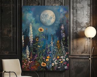 Mystical Home Decor, Bedroom Painting Ideas Canvas, Long Canvas Art, Mystical Paintings, Galaxy Wall Art, Moonlit Garden, Night Sky Art, Extra Large Canvas Art, Dandelion Art