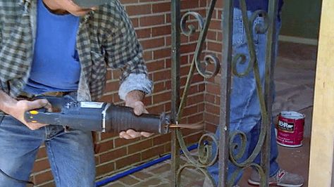 Nope, you don't have to keep that worn-out wrought-iron column! Here's how to replace it with a low-maintenance fiberglass one. Porch Post Makeover, Wrought Iron Railing Exterior, Wrought Iron Porch Railings, Porch Beams, Porch Supports, Front Porch Railings, Wood Column, Rod Iron, Wrought Iron Decor