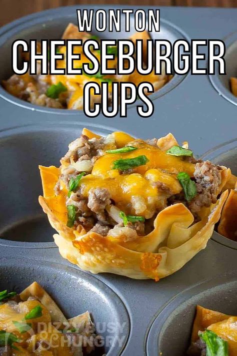 Cheeseburger Wonton Cups, Wonton Cheeseburger Cups, Wonton Bites, Cheeseburger Cups, Cheeseburger Bites, Wonton Wrapper Recipes, Burger Bites, Best Appetizer, Wonton Recipes