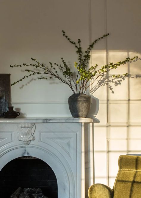 Large Branches In Vase, Den Remodel, Concrete Vase, Sedum Plant, Faux Branches, Tulips Arrangement, Artificial Branches, Floral Styling, Grey Vases