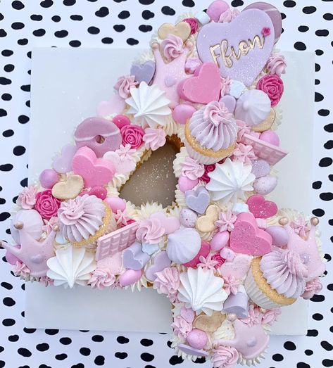 Wish Upon a Cupcake | Carly on Instagram: “A pretty number 4 cake for Ffion who is celebrating her birthday today. Topped with homemade meringue kisses, mini cupcakes, fondant…” Number 4 Cake Design, Number 4 Cupcake Cake, 4 Cupcake Cake, Number 4 Cake, Homemade Meringue, Birthday Cakes For Girls, Cake Designs For Girl, Cupcakes Fondant, 4 Cake