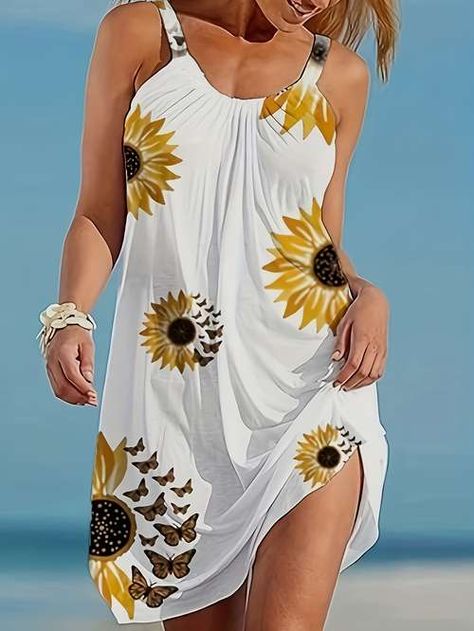 Dress Midi Party, Big Sunflower, Bohemian Beach Dress, Mode Prints, Sunflower Dress, Dots Dress, Lettering Art, Printed Casual Dresses, Casual White Dress