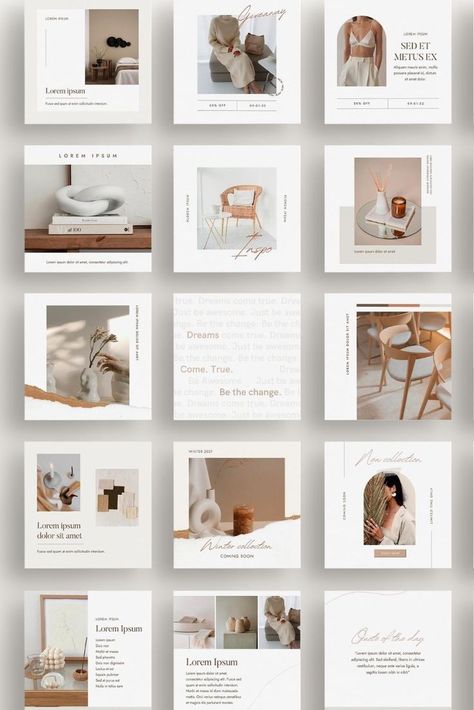 A collection of Aesthetic social media posts. These neutral instagram posts are easily editable in Canva and will save you a lot of time! This pack of editable Canva templates is full of social media content and includes funny quotes, clean IG templates, aesthetic social media posts, instagram feed ideas, and many more. Create a cohesive Instagram feed with these editable Canva templates. Instagram Fitness Feed, Yoga Instagram Feed, Interior Design Social Media Posts, White Aesthetic Instagram, Yoga Social Media, Interior Design Social Media, Yoga Template, Nutrition Instagram, Design Social Media Posts