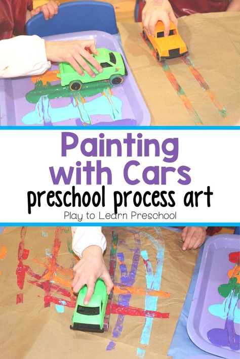 Visual Art Activities For Preschool, Cars Preschool Theme, Transportation Theme Preschool Art Craft Ideas, Art Exploration For Preschoolers, Wheels Unit Preschool, Preschool Transportation Art, Transportation Art Preschool, Painting With Cars, Preschool Process Art