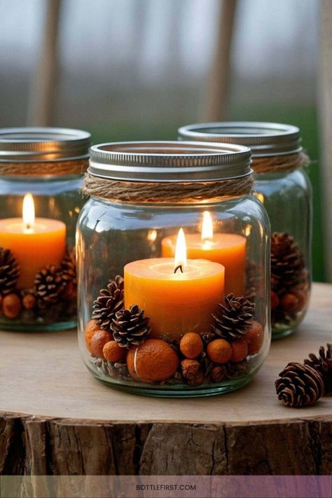 Glass Jar Home Decor, Mason Jars Decorations, Mason Jar Center Pieces, Mason Jar Center, Fall Mason Jars, Jar Candle Holder, Mason Jar Centerpieces, Mason Jar Candles, Candle Centerpieces