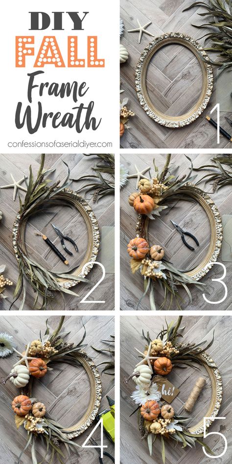 Front Door Fall Wreaths Diy, Fall Harvest Wreath Diy, Fall Crafts Wall Decor, Diy Fall House Decor, Spooky Indoor Decor, Artsy Front Doors, Fall Frame Wreath, Diy Fall Decor For Porch, Fall Decor Ideas For The Home Simple