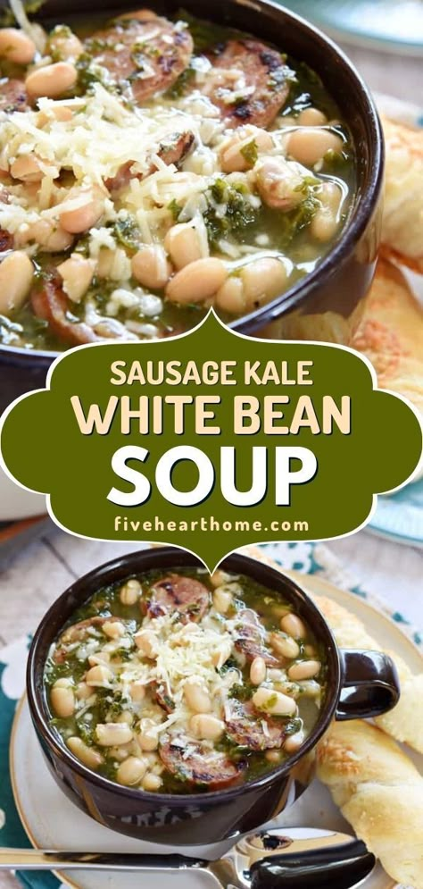 There's so much to love about this Sausage Kale White Bean Soup! It's a fall dinner recipe that's quick and easy to make in under 30 minutes. Not only is this bowl of comfort food hearty and full of flavor, but it is also healthy and loaded with vitamins! Kale Sausage White Bean Soup, White Beans And Sausage Recipe, Bean Kale Sausage Soup, Sausage Kale White Bean Soup, Kale Sausage Soup, White Bean Sausage Soup, Sausage Chili Recipe, Kale White Bean Soup, Kale And Bean Soup