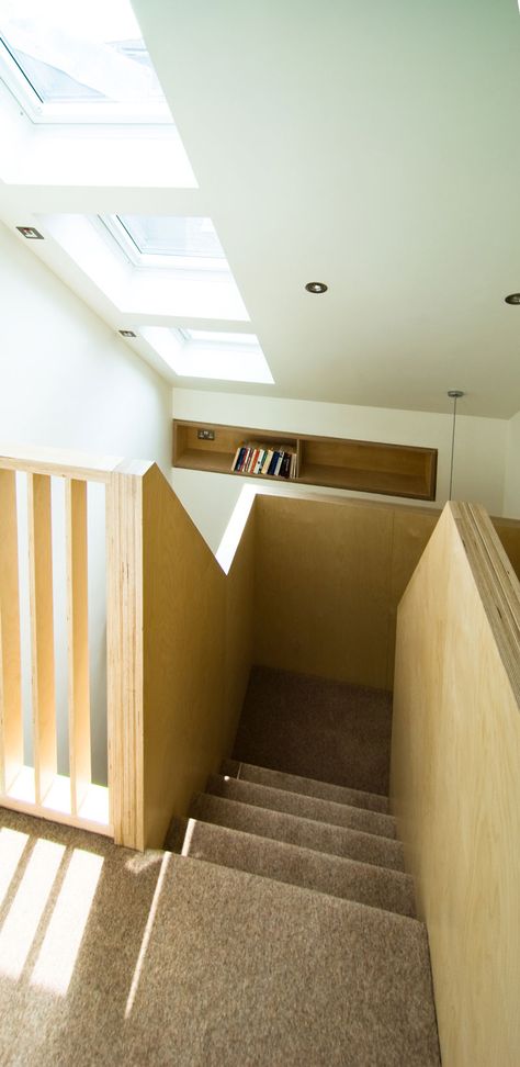 VICTORIA MEWS Plywood Bannister, Plywood Railing, Plywood Staircase, Plywood Stairs, Plywood Interior, Van Der Straeten, Loft Stairs, Painted Stairs, Narrow House