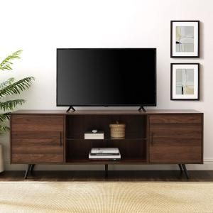 Costway 15 in. Brown Wooden TV Stand with Storage Cabinets and Shelves Fits 65 in. TV-HW64555BN - The Home Depot Dark Wood Tv Stand, Midcentury Tv Stand, Contemporary Tv Stand, Walnut Tv Stand, Modern Media Console, Walker Edison Furniture, Mid Century Modern Aesthetic, Walker Edison, Tv Stand Wood