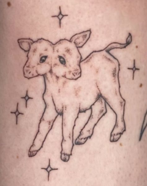 Two Headed Cow Art, Calf With Two Heads Tattoo, Two Headed Sheep Tattoo, 2 Headed Lamb Tattoo, Two Headed Lamb Drawing, Colored Patchwork Tattoo, Aesthetic Animal Tattoo, Two Headed Calf Tattoo Traditional, 2 Headed Cow Tattoo