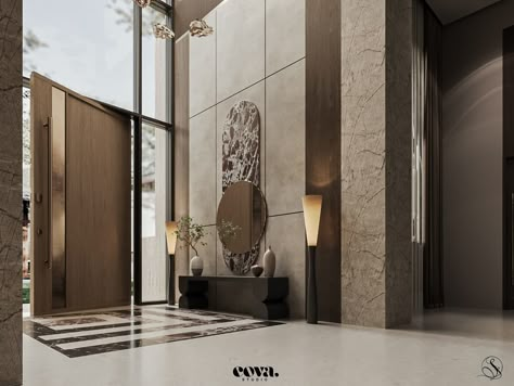 Foyer Luxury Design, Modern Lobby Design Entrance, Entrance Double Height, Square Entrance Hall, Double Height Wall Design Modern, Double Height Entrance Foyer, Neoclassical Entrance, Luxury Entrance Design, Foyer Design Luxury