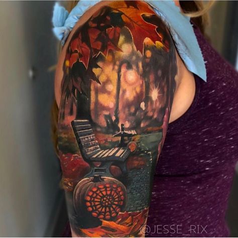 Fall tattoo by @jesse_rix in Keene, NH #jesserix #keene #newhampshire #fall #falltattoo #autumn #autumntattoo Fall Leaves Tattoo, Fall Tattoo, Flower Vine Tattoos, Tattoo Off, Pumpkin Tattoo, Autumn Tattoo, Minimal Tattoo Design, Witch Tattoo, Tattoos For Women Half Sleeve